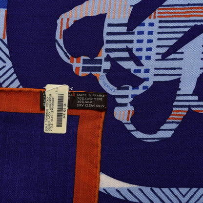 Hermes Cashmere Silk Cavalcadour Shawl 140 Violet Bleu Jean Orange 3 of 4