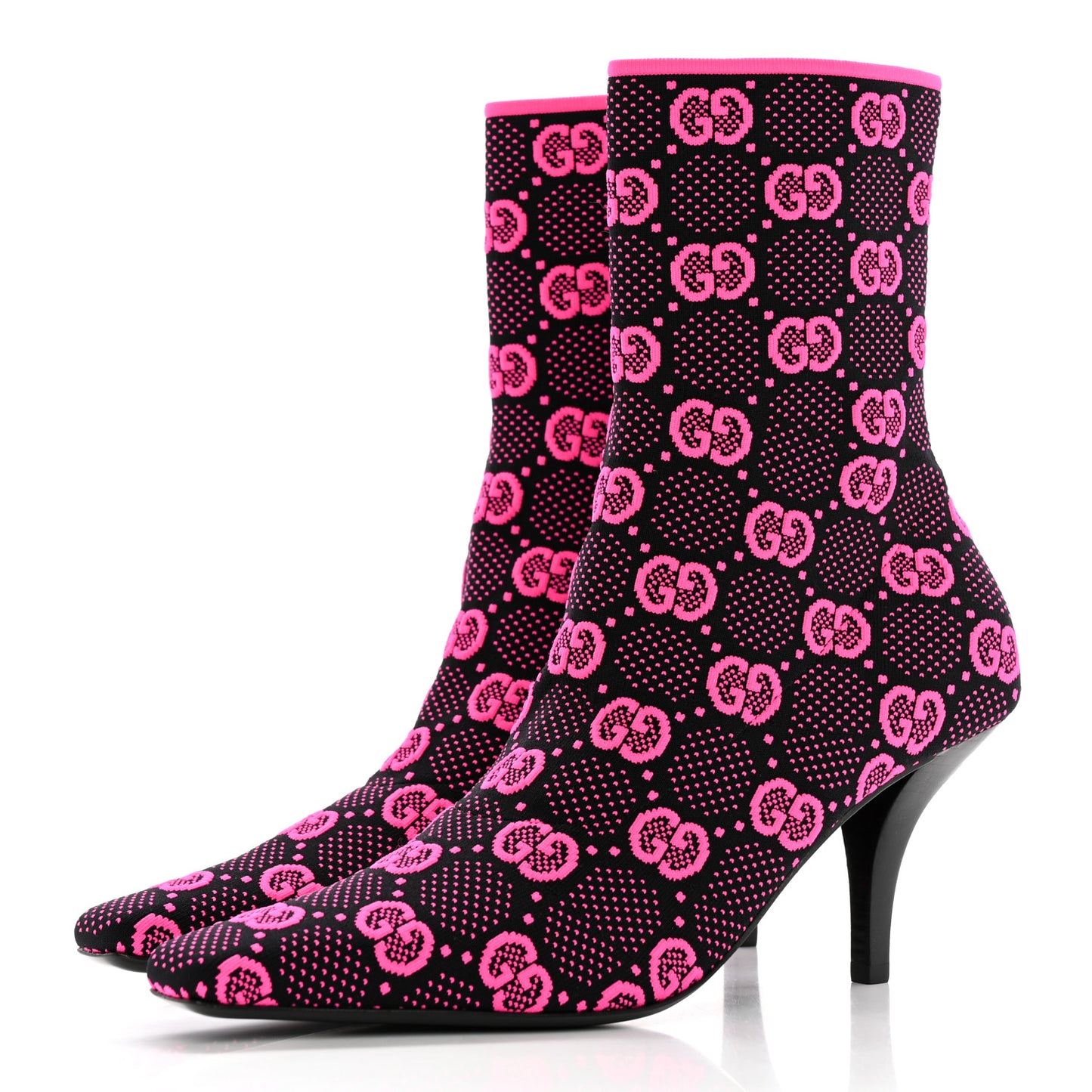 Technical Jersey Knit GG Monogram Square G 75mm Ankle Boots 38 Black Neon Fucsia