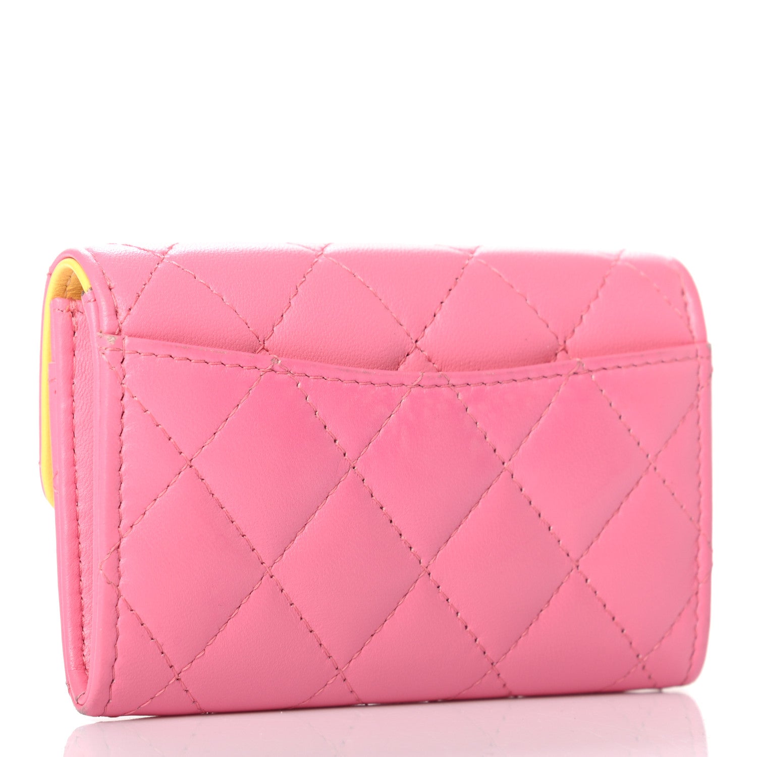 Chanel Lambskin Quilted Flap Card Holder Wallet Pink Yellow 3 of 10