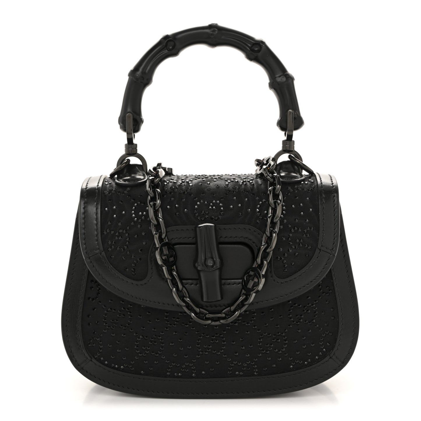 Moire Fabric Calfskin Rhinestone Monogram Monochrome Mini Bamboo 1947 Top Handle Chain Bag Black