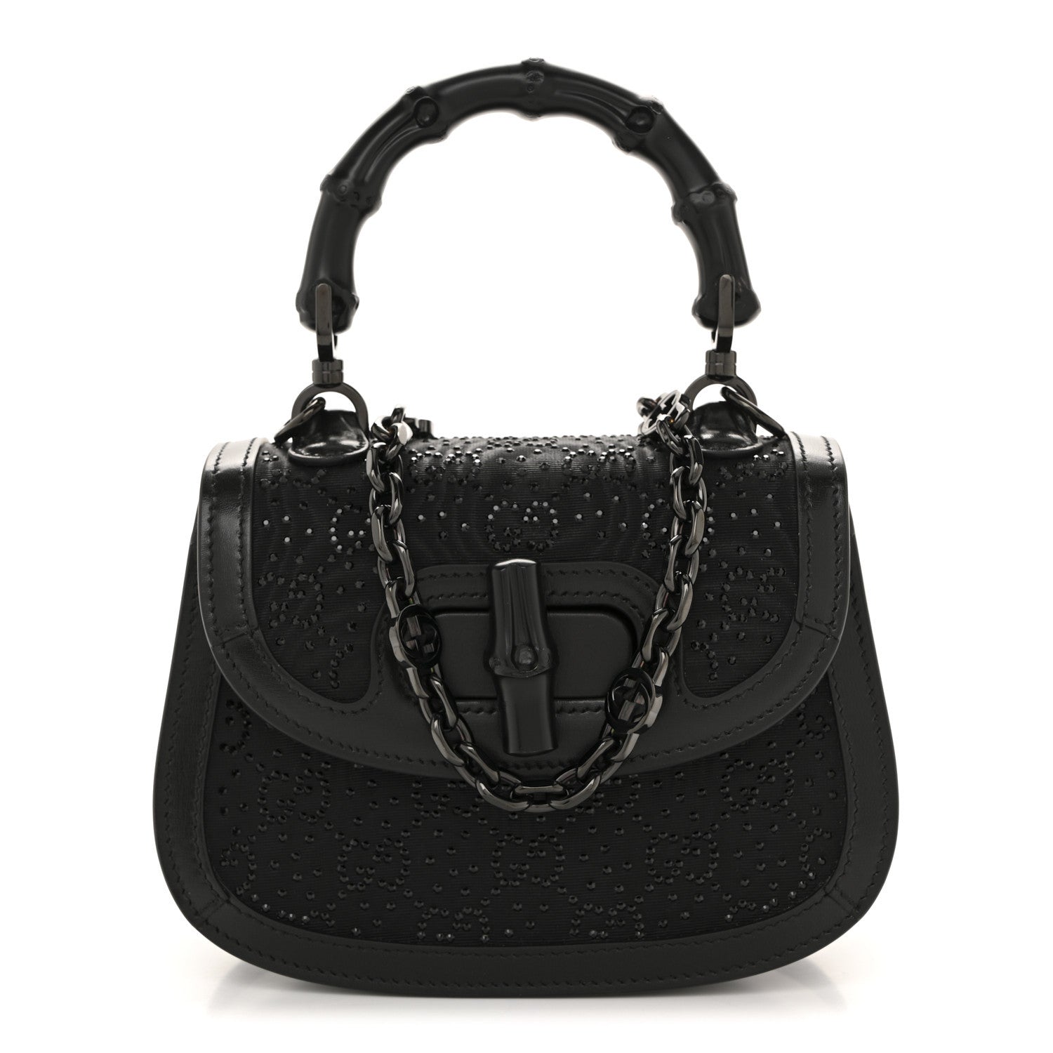 Gucci Moire Fabric Calfskin Rhinestone Monogram Monochrome Mini Bamboo 1947 Top Handle Chain Bag Black 1 of 12