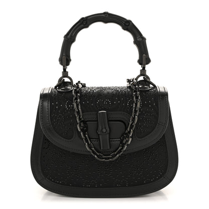 Gucci Moire Fabric Calfskin Rhinestone Monogram Monochrome Mini Bamboo 1947 Top Handle Chain Bag Black 1 of 12