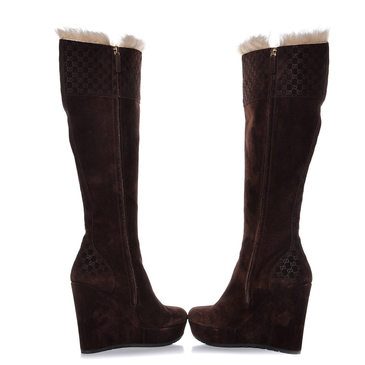 Suede Shearling Fur Microguccissima Courtney Tall Wedge Boots 38 Cocoa