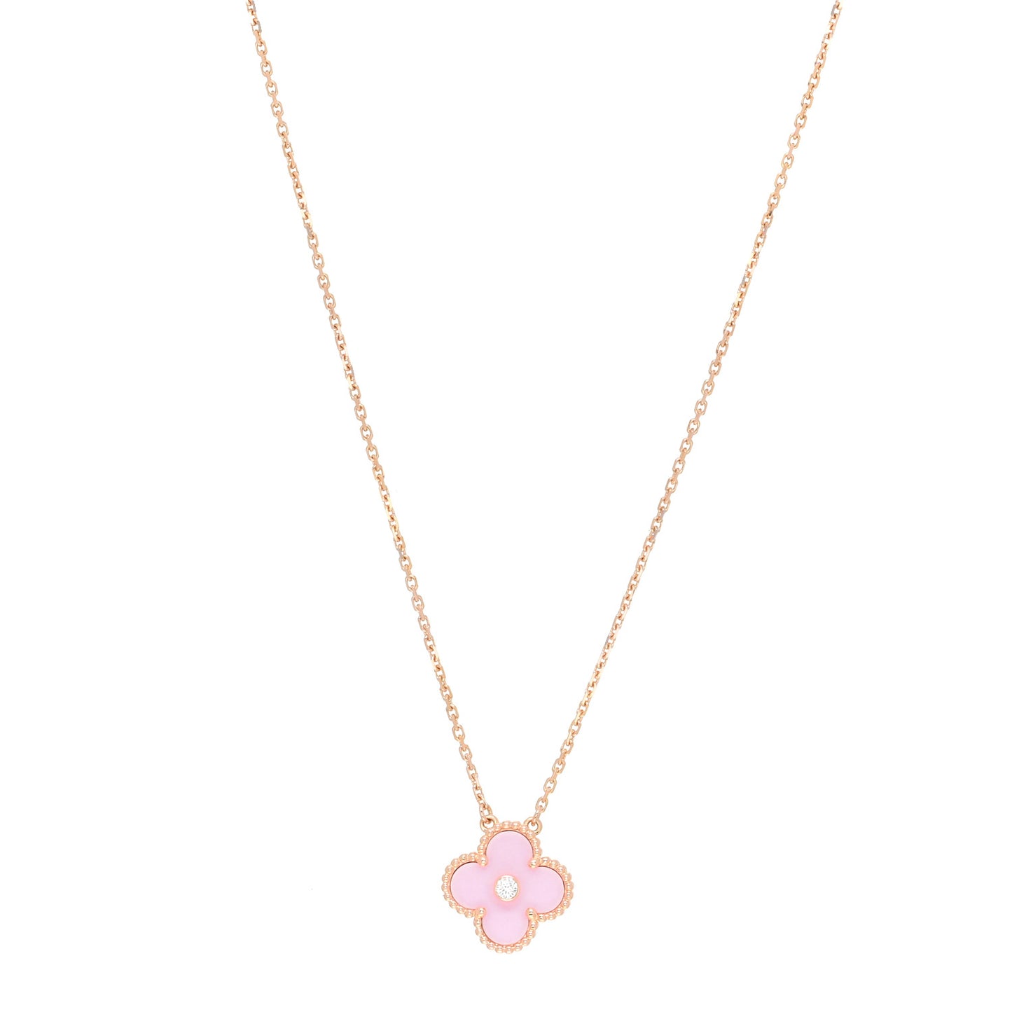 18K Rose Gold Diamond Pink Porcelain Vintage Alhambra Pendant Necklace