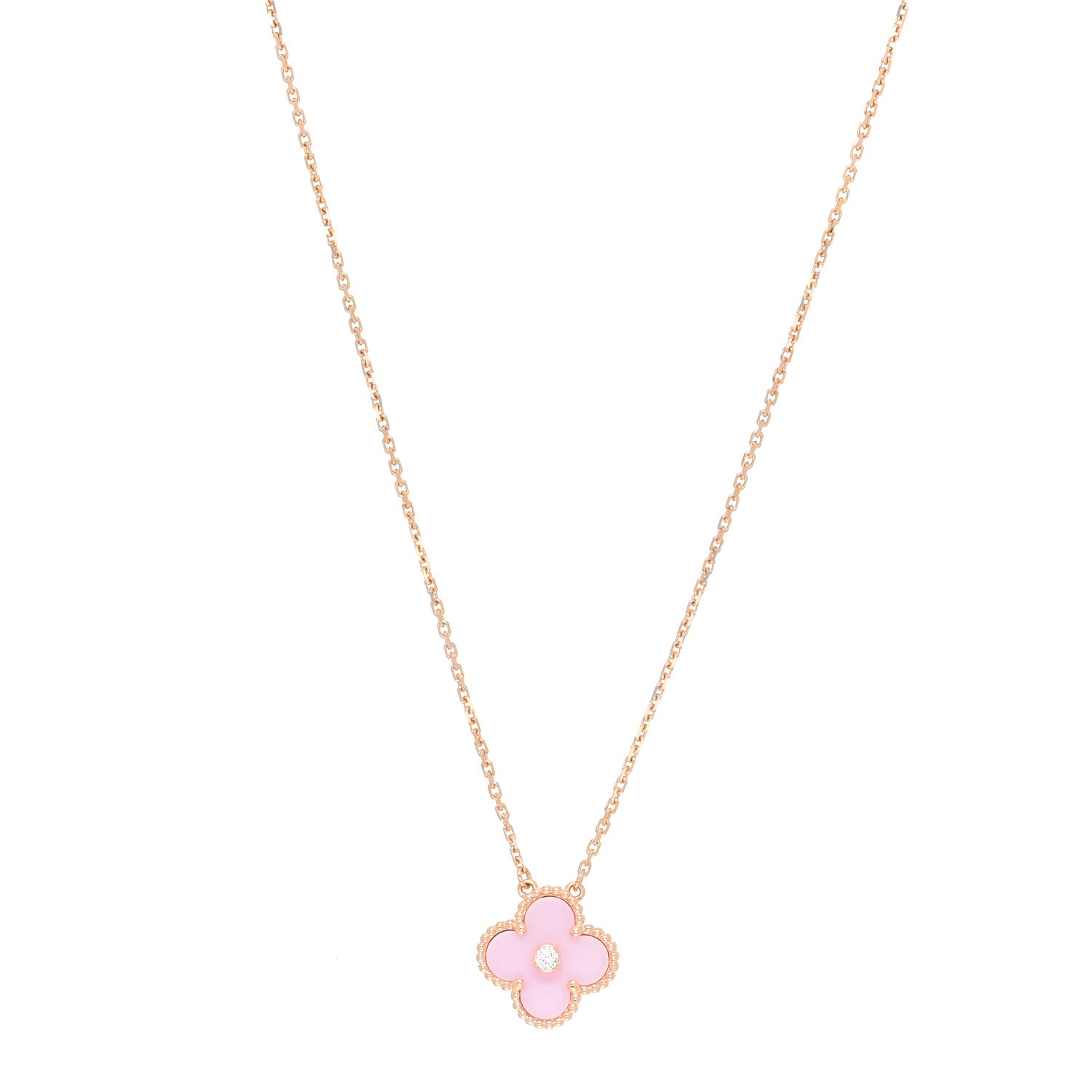 Van Cleef & Arpels 18K Rose Gold Diamond Pink Porcelain Vintage Alhambra Pendant Necklace 1 of 6