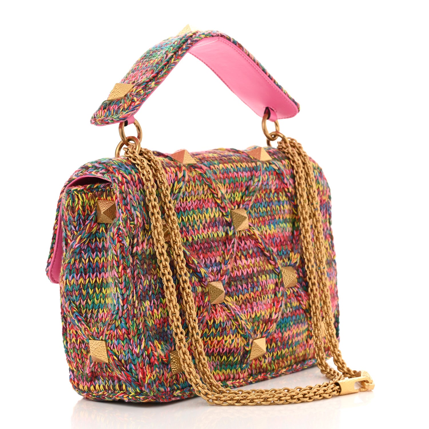 Valentino Garavani Wool Woven Large Roman Stud Shoulder Bag Multicolor Feminine Pink 3 of 11