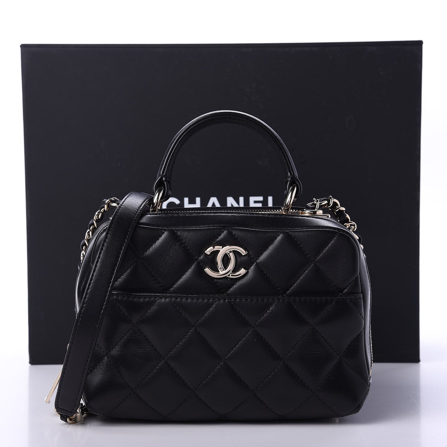 Lambskin Quilted Small Trendy CC Bowling Bag Black