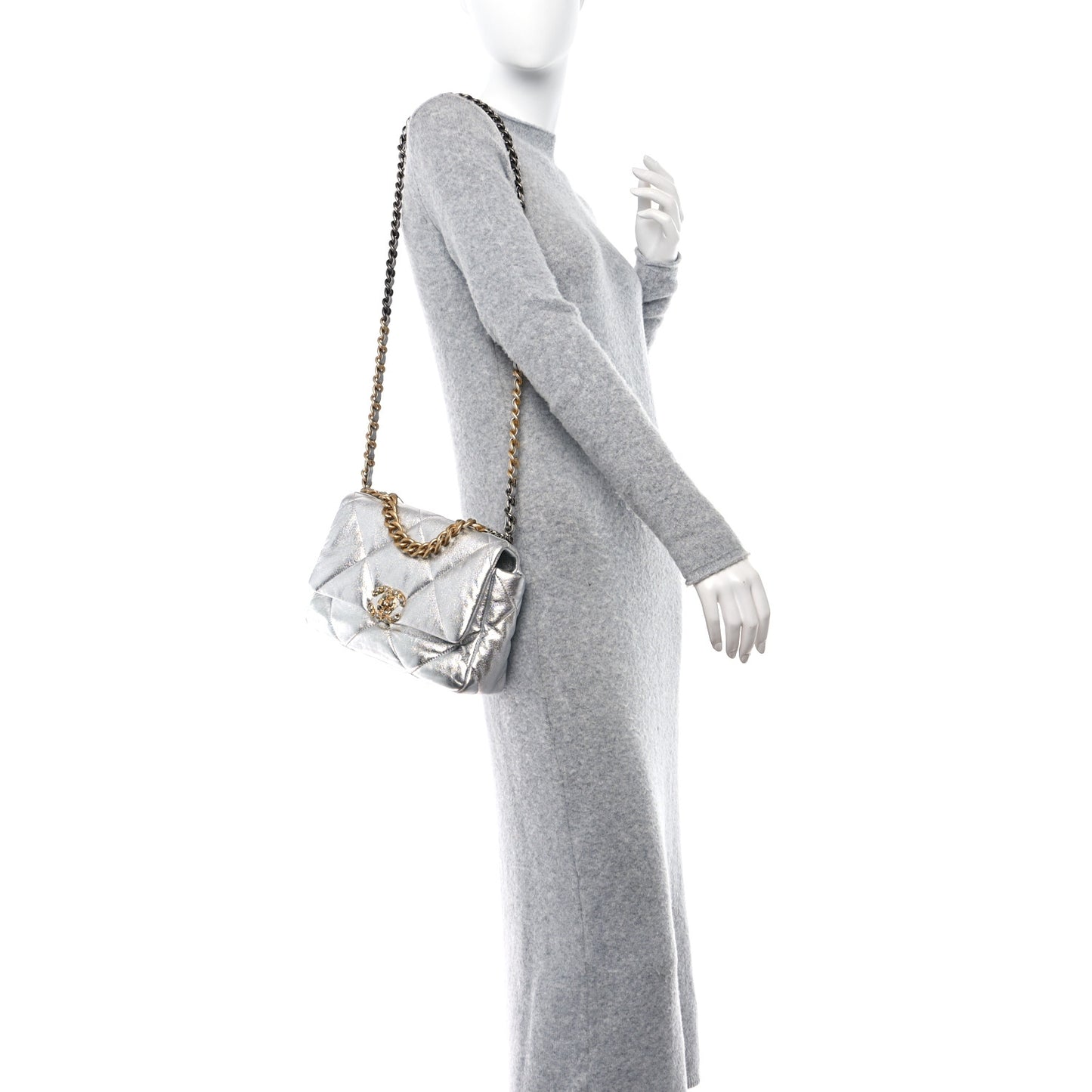 Metallic Goatskin Quilted Medium Chanel 19 Flap Silver