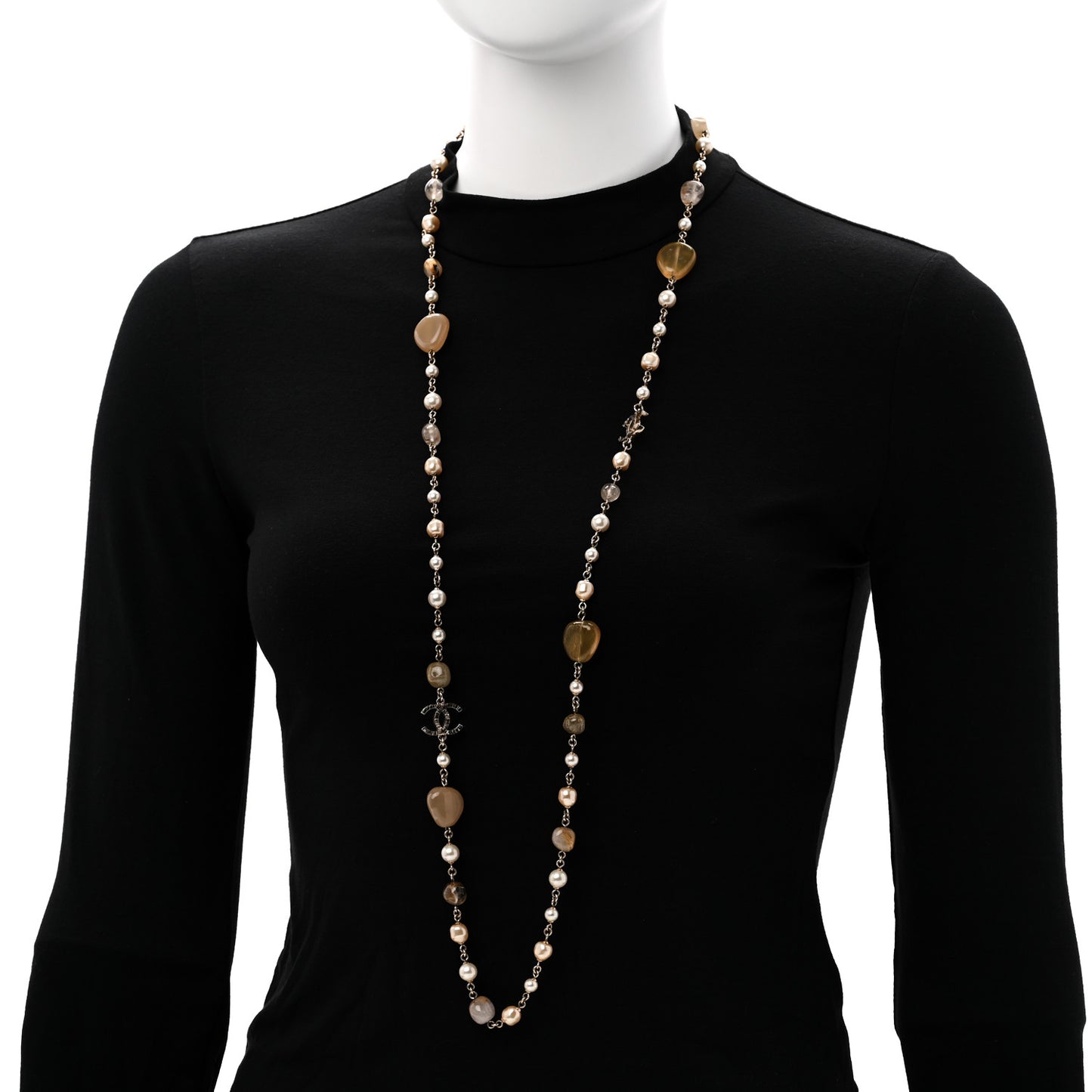Pearl Glass Bead CC Long Necklace Gold