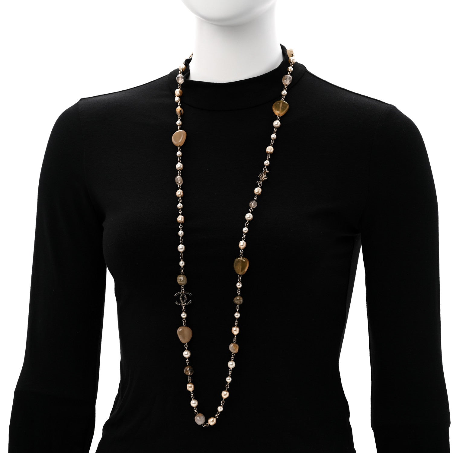 Chanel Pearl Glass Bead CC Long Necklace Gold 2 of 5