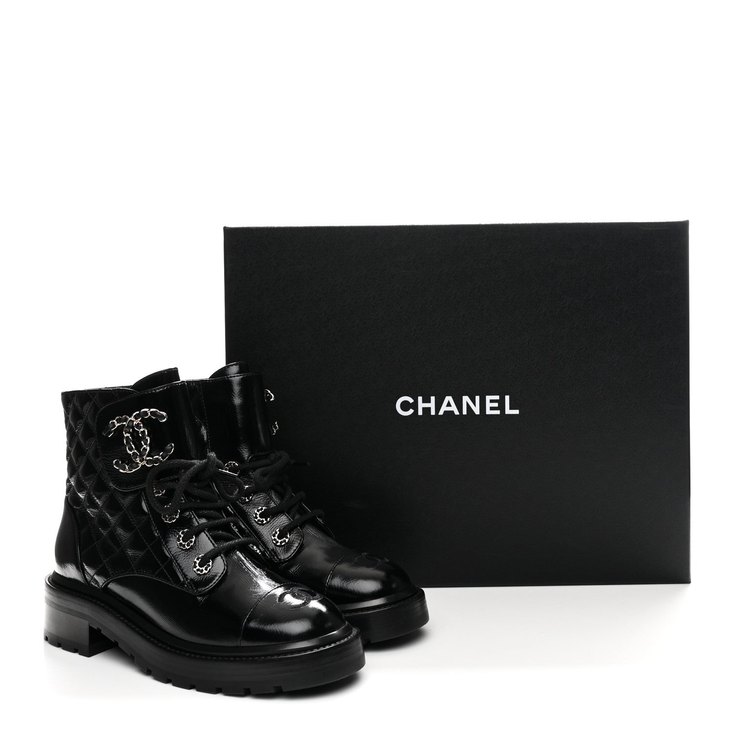 Chanel Shiny Calfskin Quilted Lace Up Combat Boots 36.5 Black 11 of 11