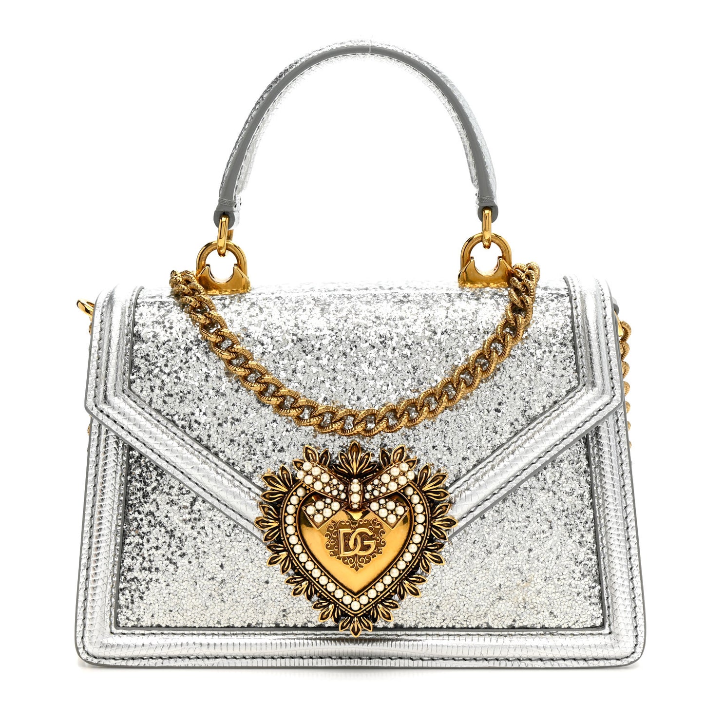 Glitter Metallic Lizard Small Devotion Top Handle Bag Silver