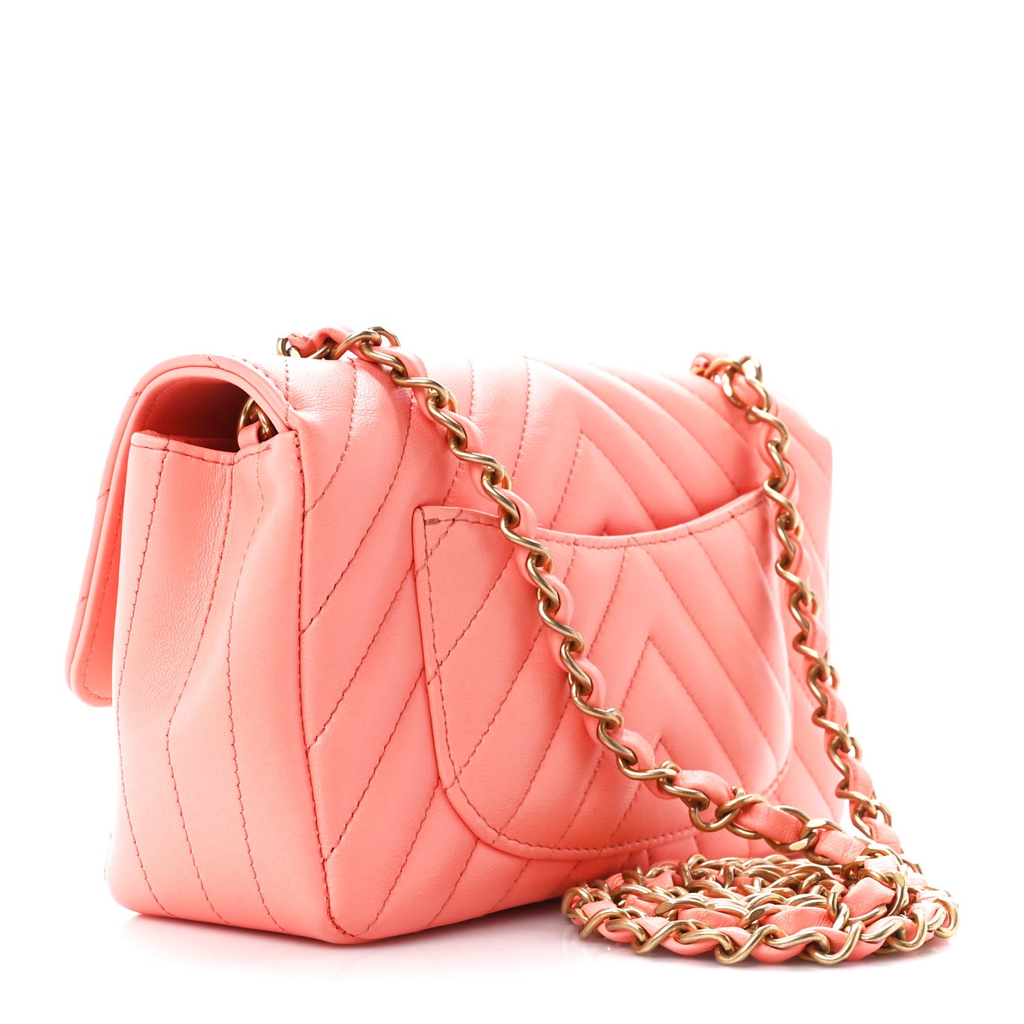 Lambskin Chevron Quilted Mini Rectangular Flap Coral