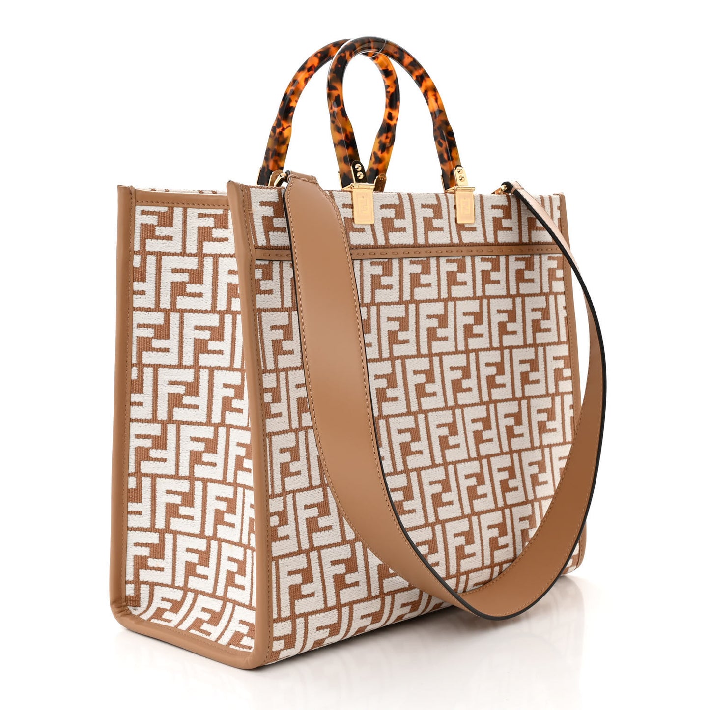 Woven Fabric Calfskin FF Medium Fendi Sunshine Shopper Tote Natural White Dark Honey