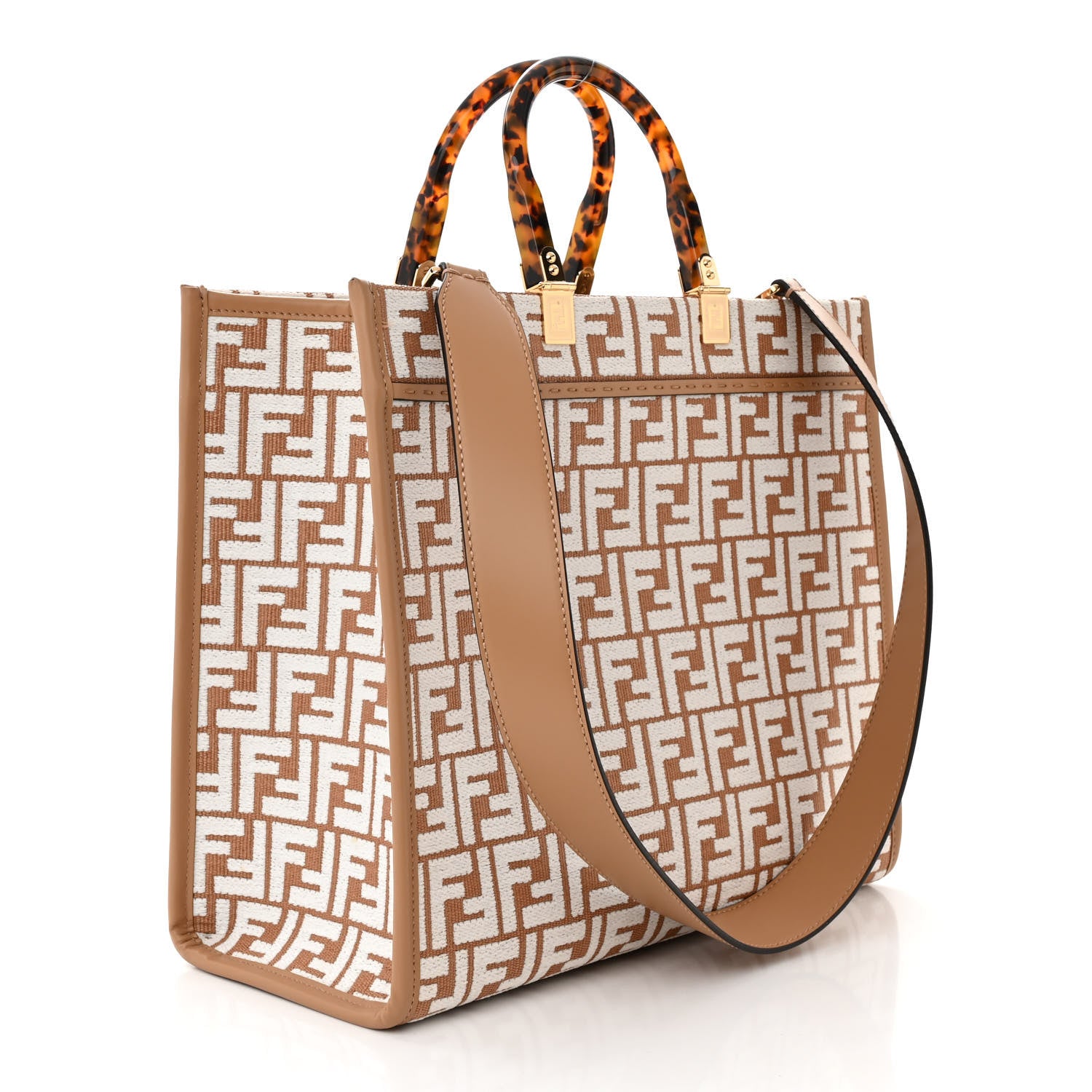 Fendi Woven Fabric Calfskin FF Medium Fendi Sunshine Shopper Tote Natural White Dark Honey 3 of 10