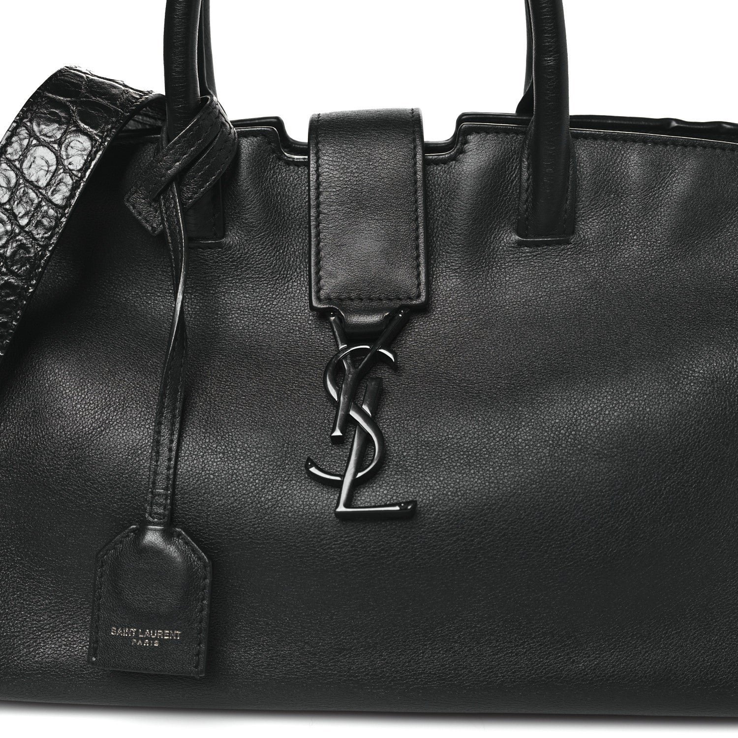 Saint Laurent Smooth Calfskin Crocodile Embossed Baby Monogram Downtown Cabas Black 7 of 9
