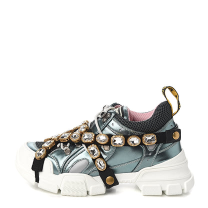 Gucci X SEGA Metallic Calfskin Removable Crystals Womens Flashtrek Sneakers 38 Lago Loess Silver 1 of 9