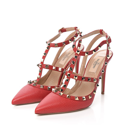 Valentino Garavani Pebbled Calfskin Rockstud Ankle Strap 100mm Pumps 38 Rosso Valentino 3 of 9