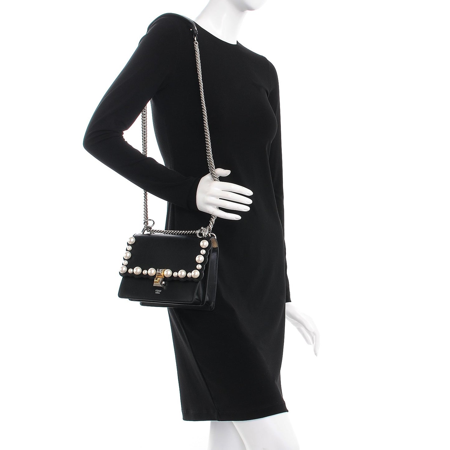 Vitello Liberty Pearl Scalloped Studded Small Kan I Shoulder Bag Black