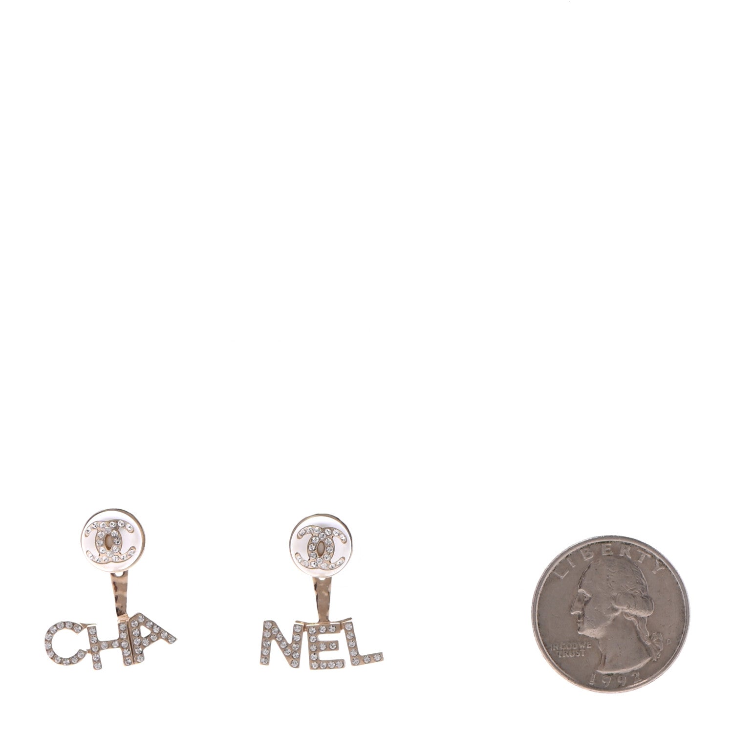 Chanel Pearl Crystal Logo Earrings Gold Pearly White 2 of 5