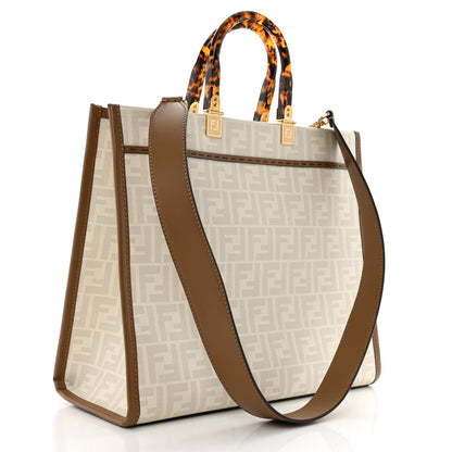 Fendi Glazed Fabric Plexiglass FF Logo Bikini Girls Medium Fendi Sunshine Shopper Tote Bianco Perla Multicolor Miele Scuro 3 of 12