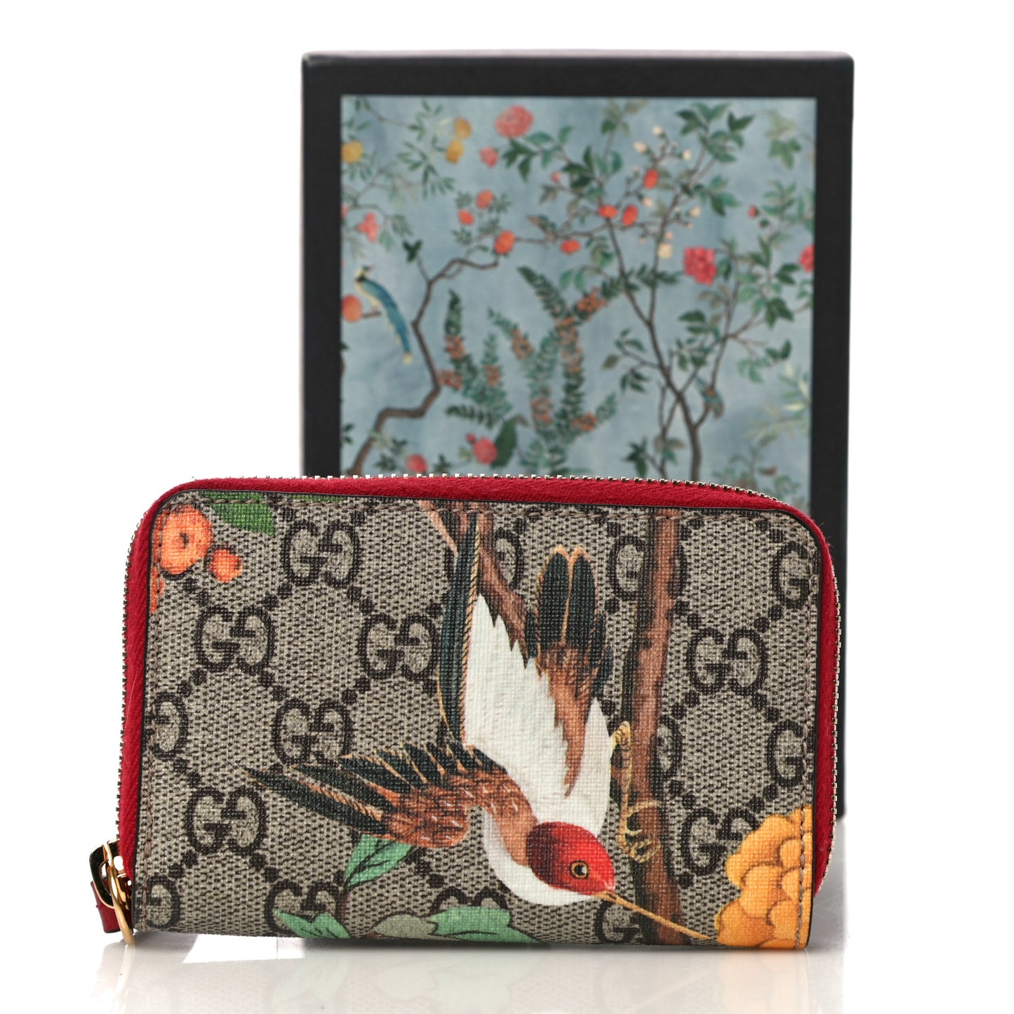 GG Supreme Monogram Tian Zip Around Card Case Wallet Beige Multicolor Red