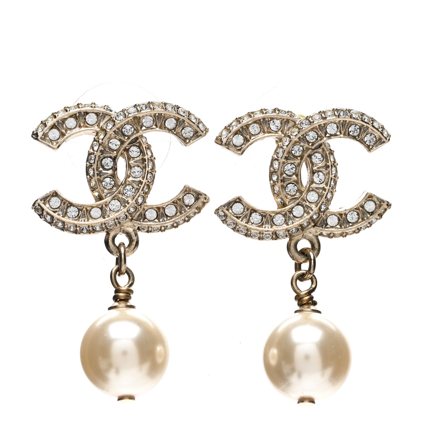 Chanel Crystal Timeless CC Pearl Drop Earrings Light Gold 1 of 5