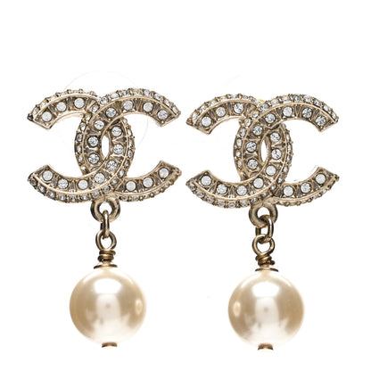 Chanel Crystal Timeless CC Pearl Drop Earrings Light Gold 1 of 5
