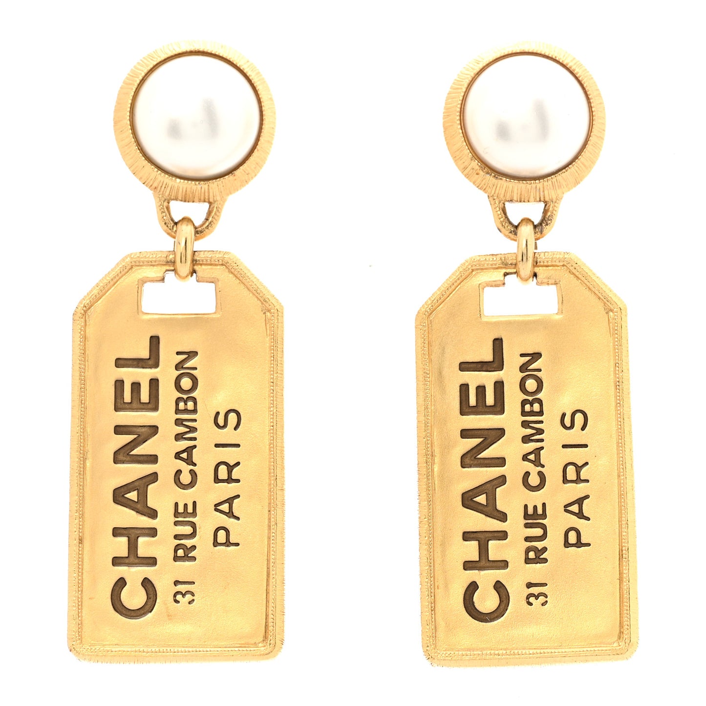 Pearl CC Tags Drop Earrings Gold