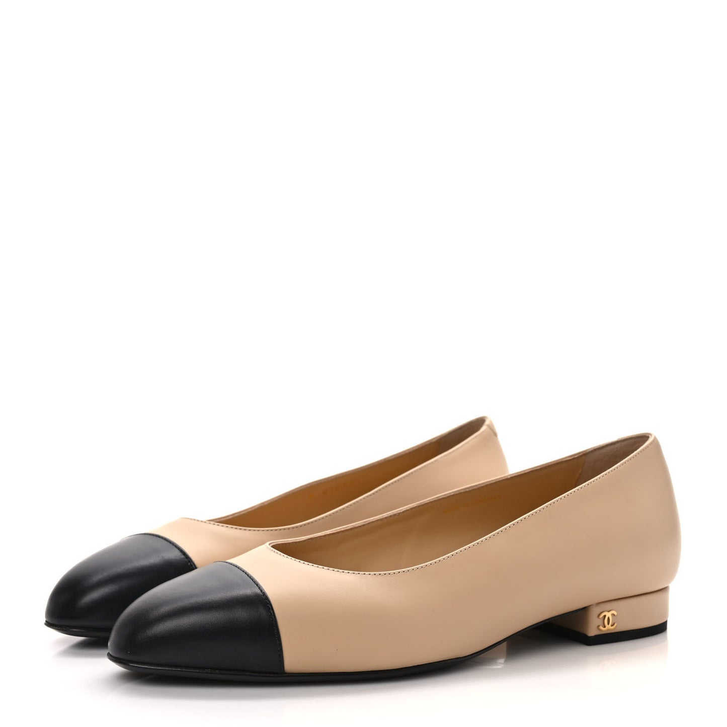 Lambskin Cap Toe CC Uniform Ballerina Flats 38 Beige Black