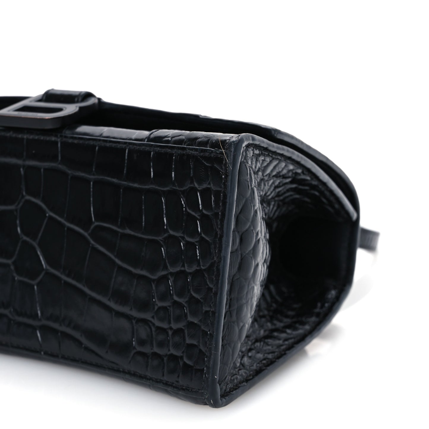 Shiny Calfskin Monochrome Crocodile Embossed Small Hourglass Top Handle Bag Black