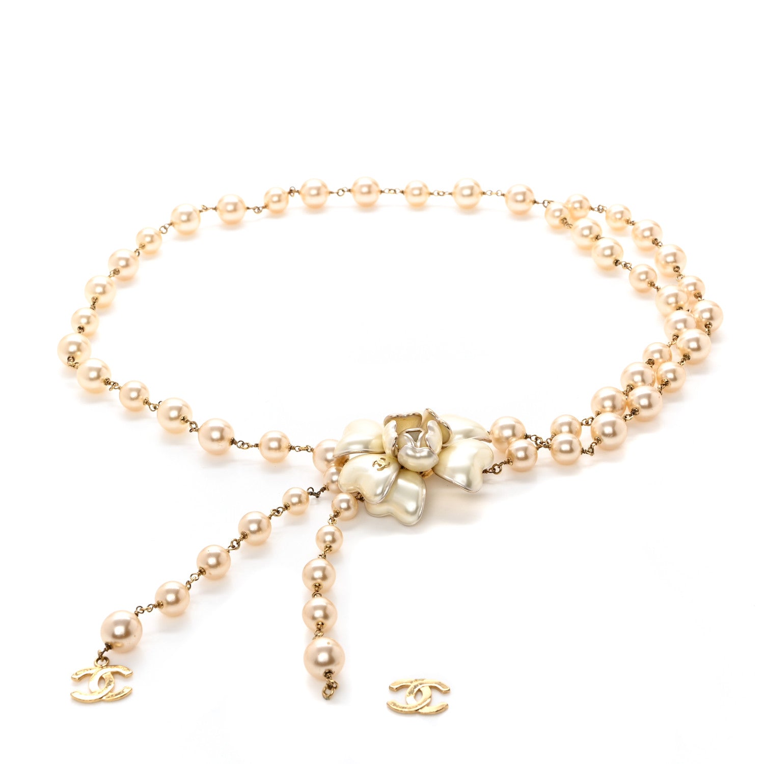 Chanel Pearl Beaded Camellia Chain Belt Gold White 1 of 6