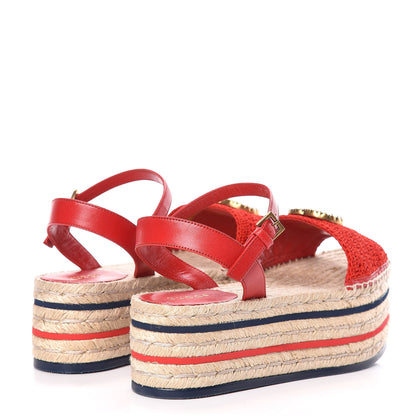 Gucci Cotton Malaga Kid Crochet Pearly GG Lilibeth Espadrille Platform Sandals 36 Hibiscus Red 4 of 13