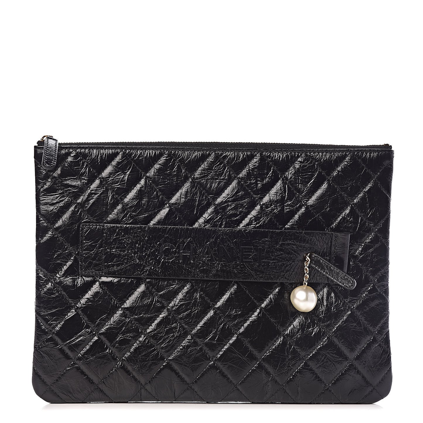 Shiny Crumpled Calfskin Quilted Medium Night by the C Pouch Clutch Black