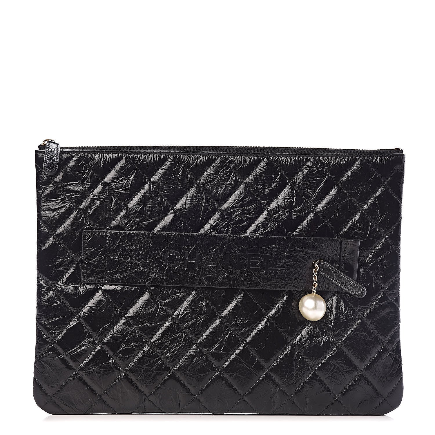 Chanel Shiny Crumpled Calfskin Quilted Medium Night by the C Pouch Clutch Black 1 of 8
