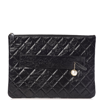 Chanel Shiny Crumpled Calfskin Quilted Medium Night by the C Pouch Clutch Black 1 of 8
