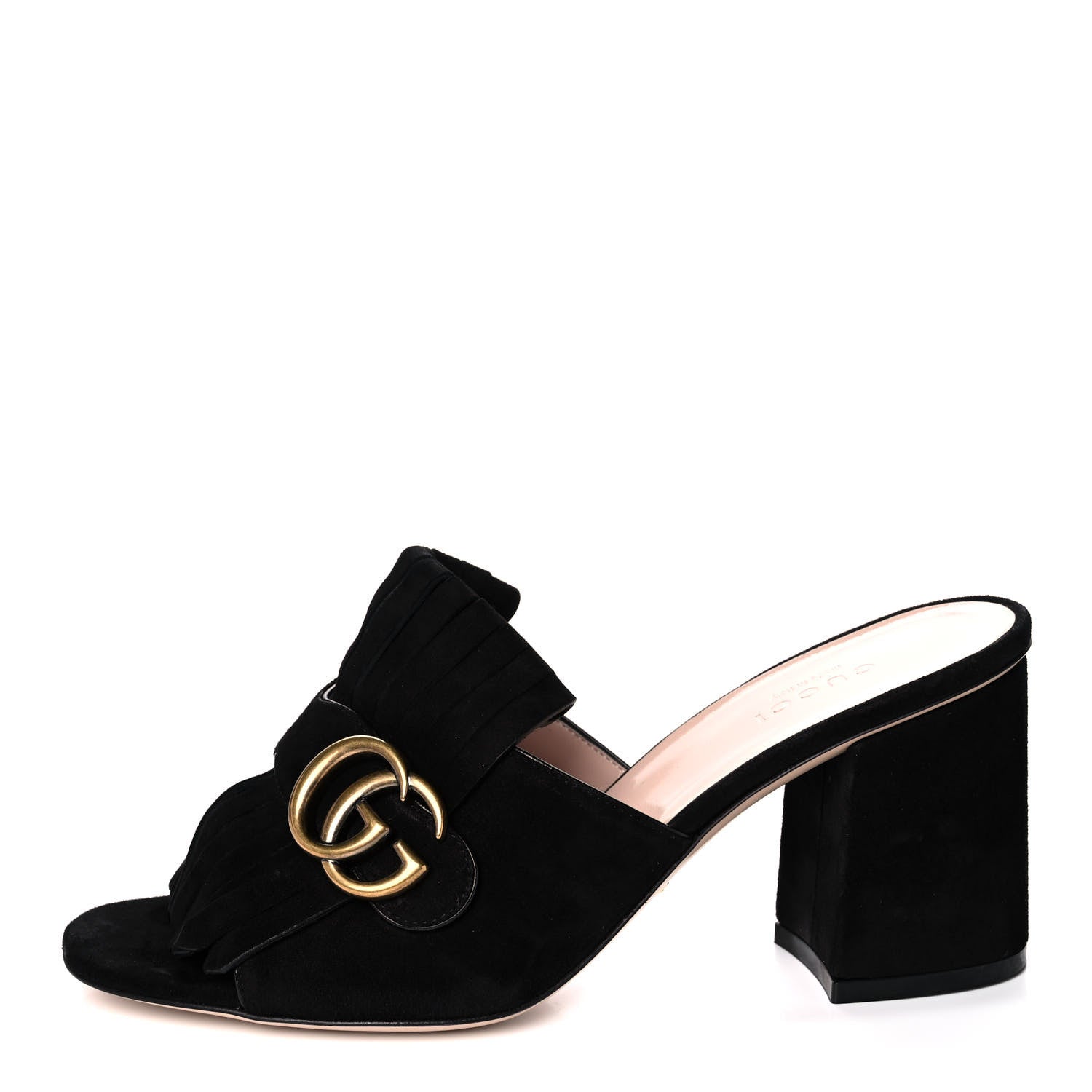 Gucci Kid Scamosciato GG Marmont Fringe 75mm Slide Sandals 38 Black 1 of 10