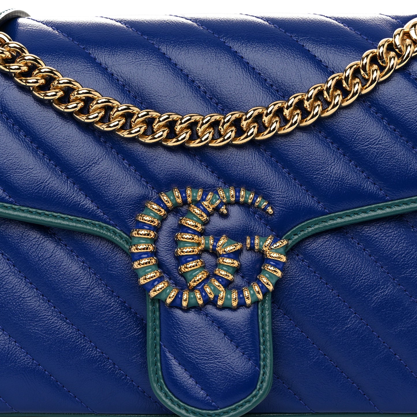 Azalea Calfskin Enamel Matelasse Diagonal Small Torchon GG Marmont Shoulder Bag Imperial Blue Pavone