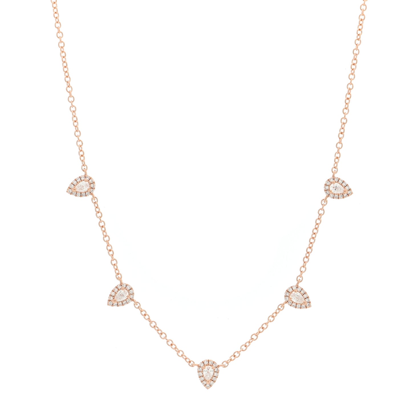 14K Rose Gold Diamond .81ctw Pear Cut Five Station Necklace
