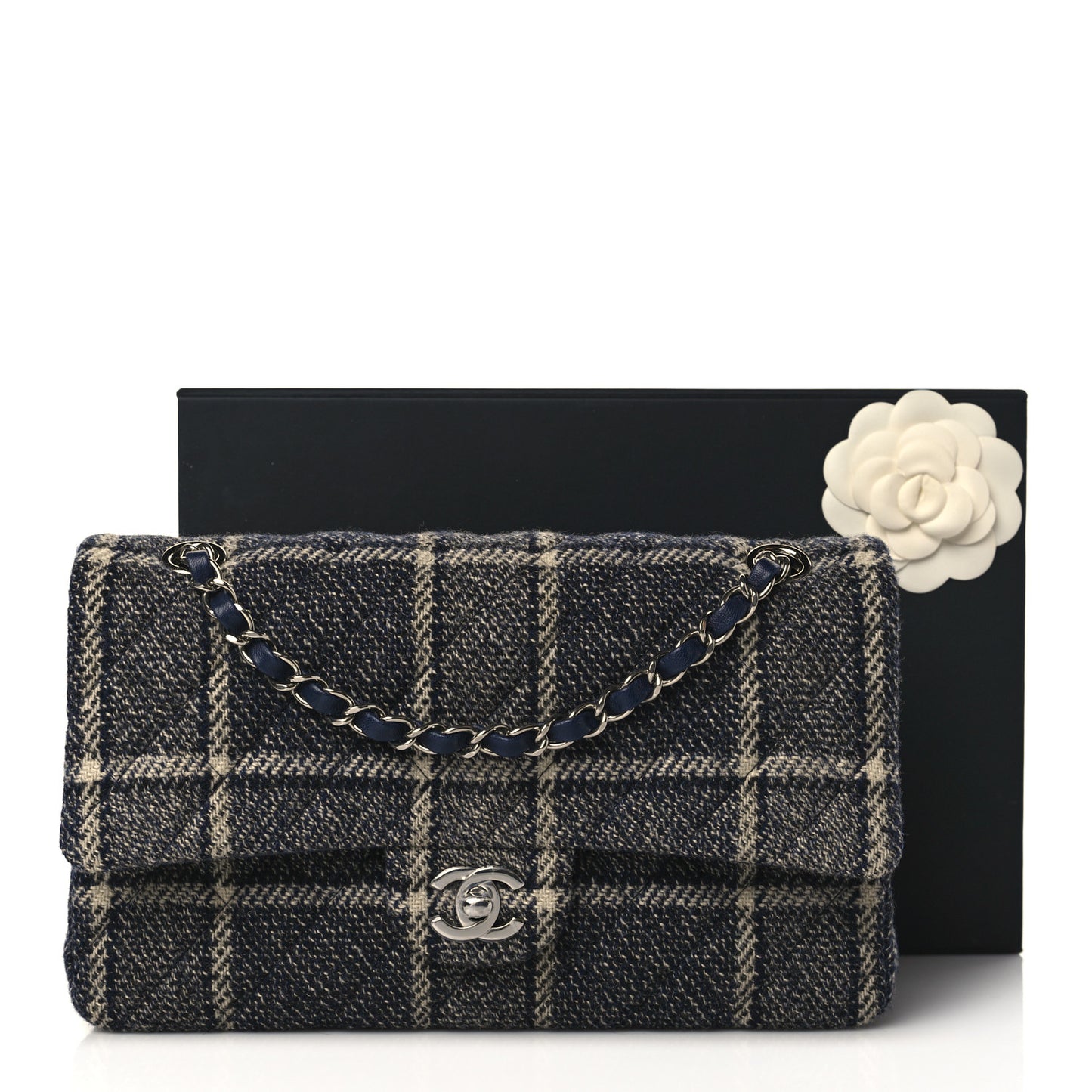 Tweed Quilted Medium Double Flap Black Blue Sea Green