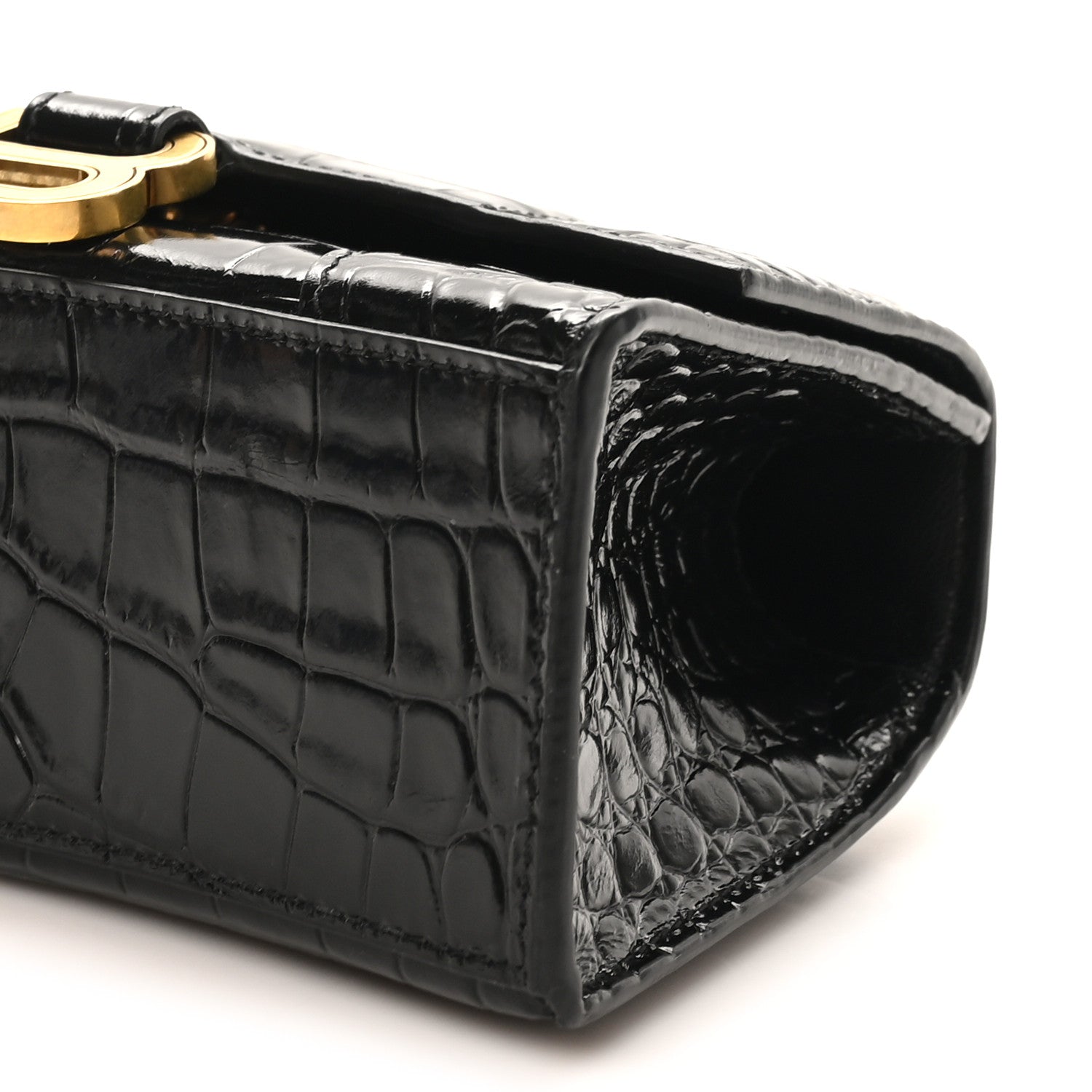 Balenciaga Shiny Calfskin Crocodile Embossed Hourglass Top Handle