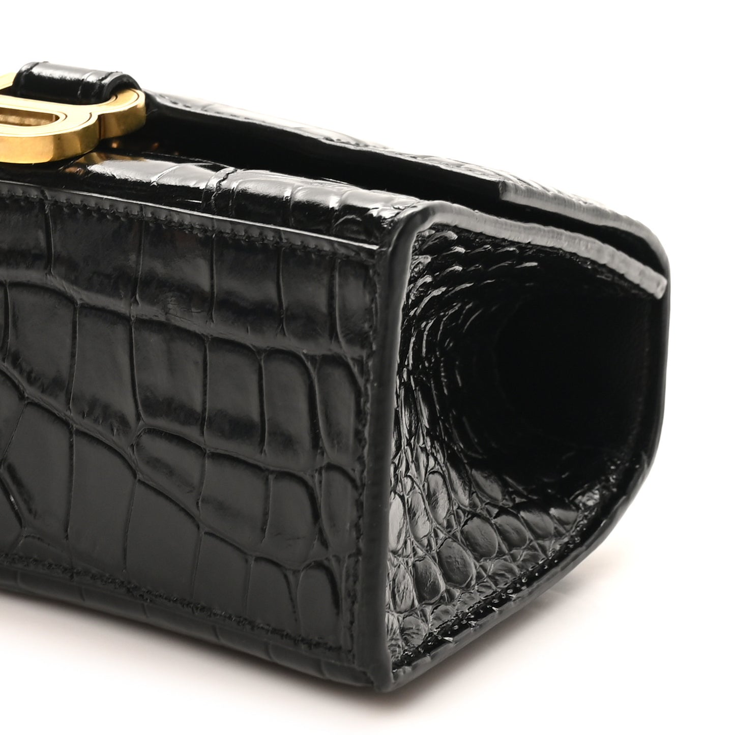 Shiny Calfskin Crocodile Embossed Hourglass Top Handle Bag XS Black