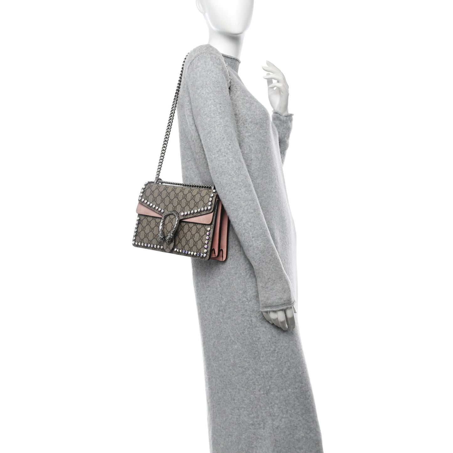 GG Supreme Monogram Suede Crystal Small Dionysus Shoulder Bag Beige Ebony Light Peonia