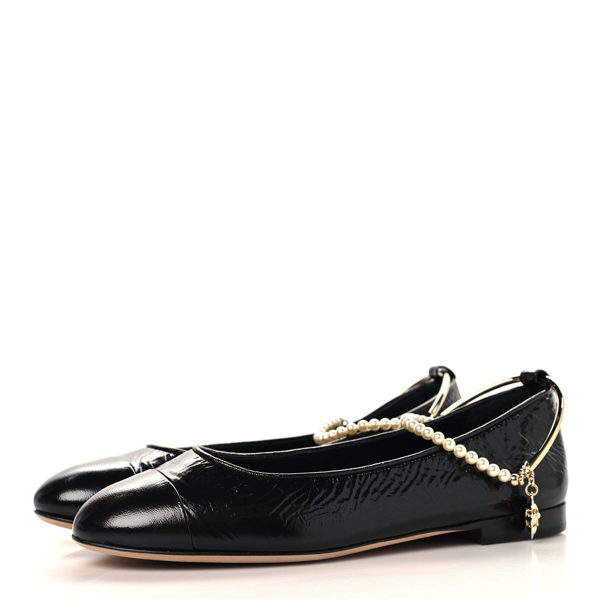 Chanel Patent Calfskin Cap Toe Ankle Chain Ballerina Flats 38 Black 4 of 9