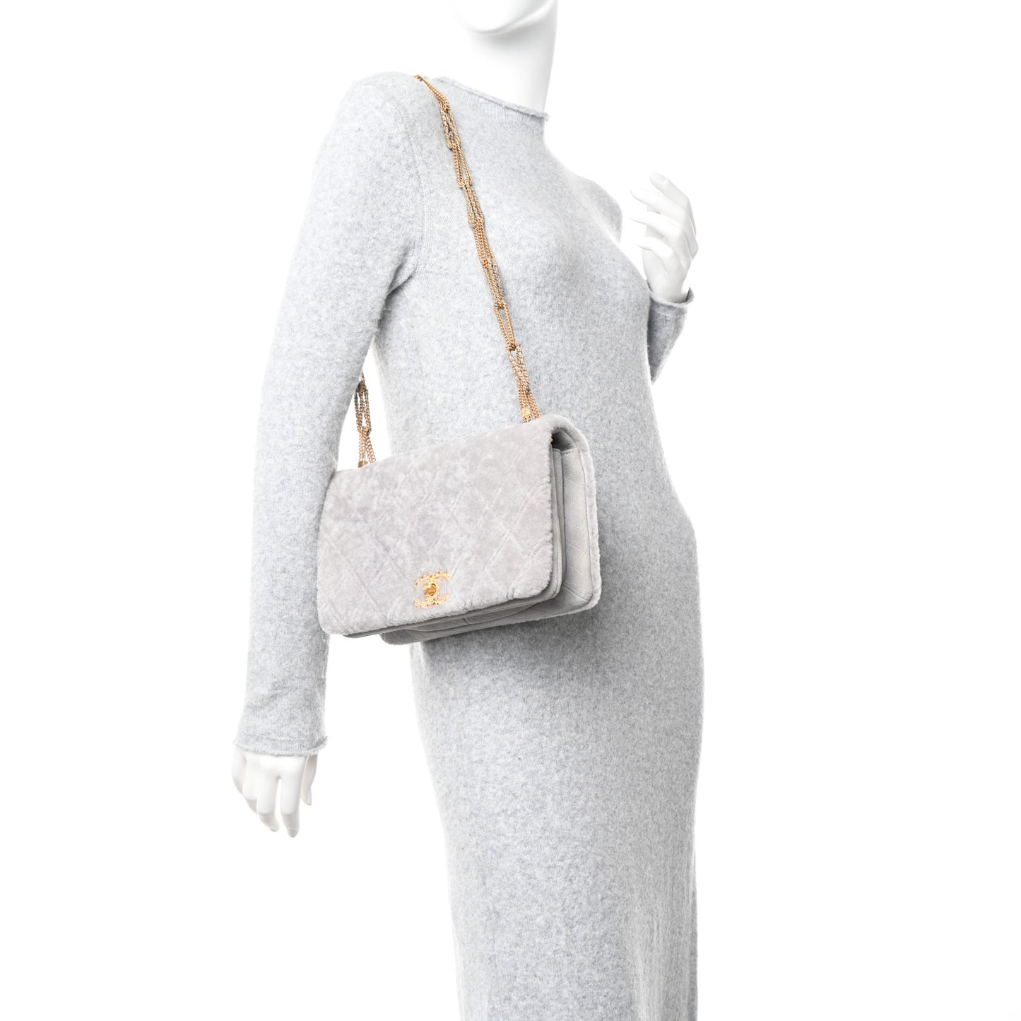 Shearling Lambskin Quilted On And On Medium Chain Flap Grey
