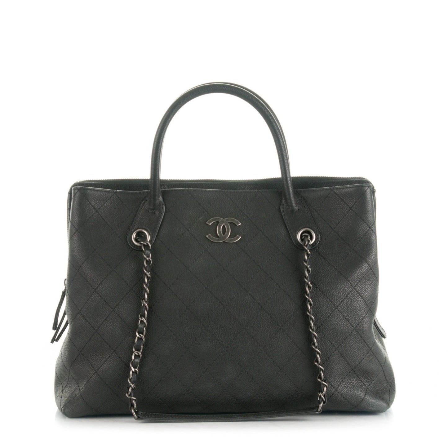 Grained Vegetal Calfskin Stitched Shopping Tote Black