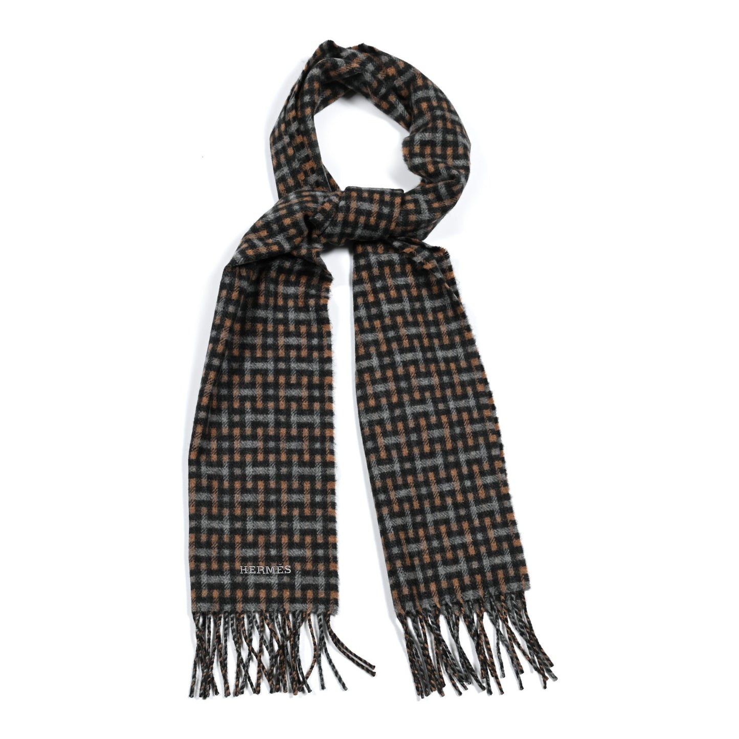 Cashmere H Ecossais Muffler Black Flanelle Camel