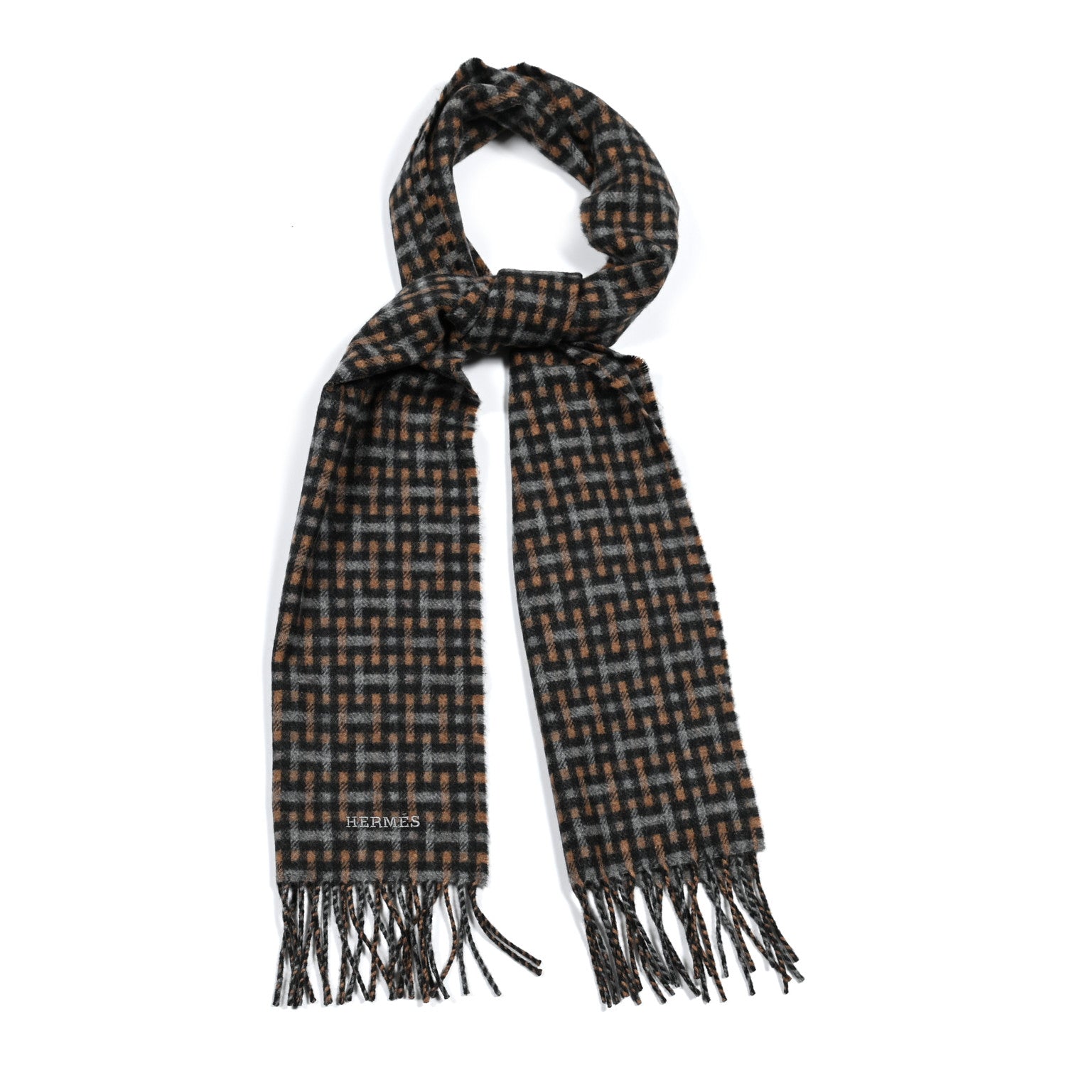 Hermes Cashmere H Ecossais Muffler Black Flanelle Camel 1 of 5