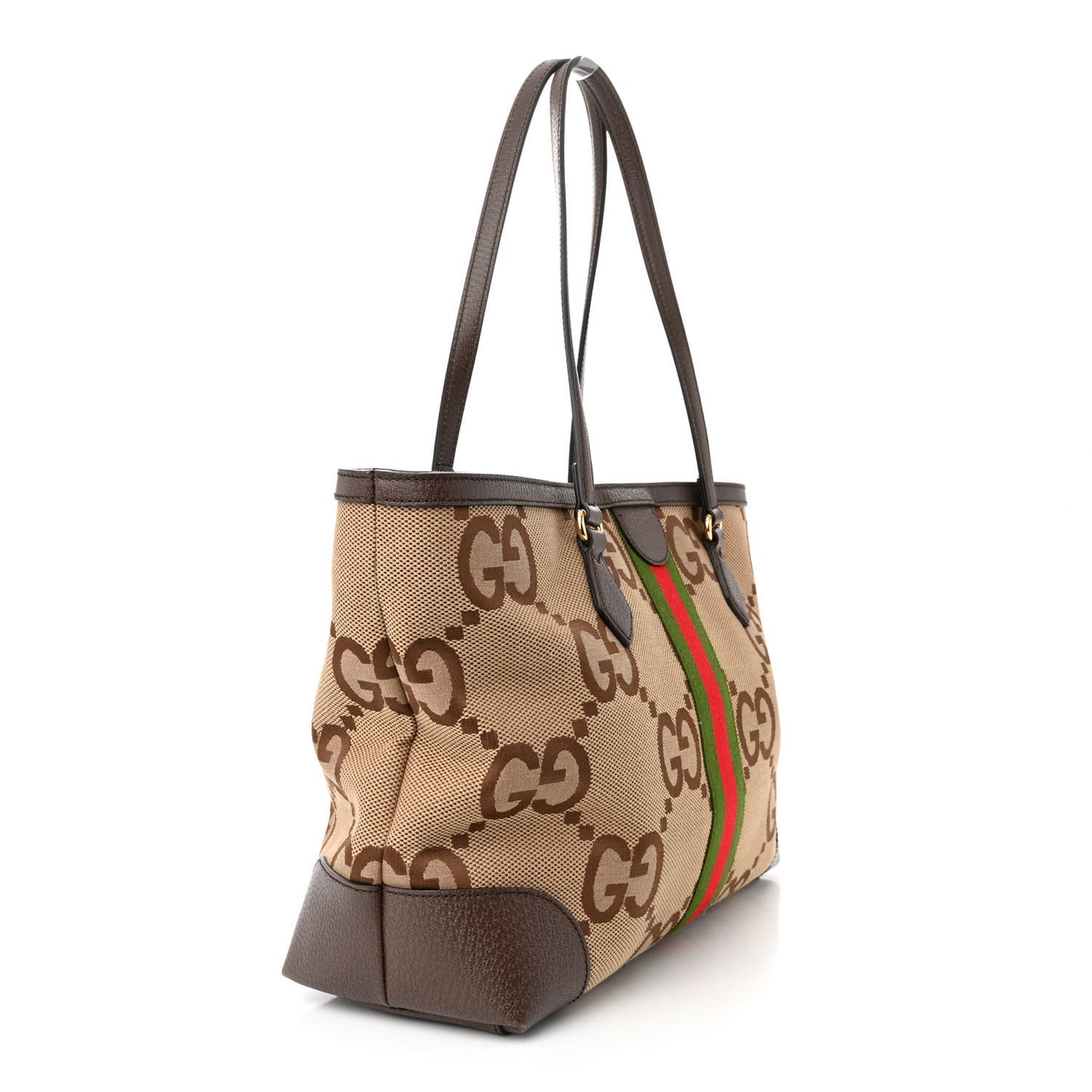 Monogram Jumbo GG Textured Dollar Calfskin Web Medium Ophidia Shopping Tote Camel Ebony