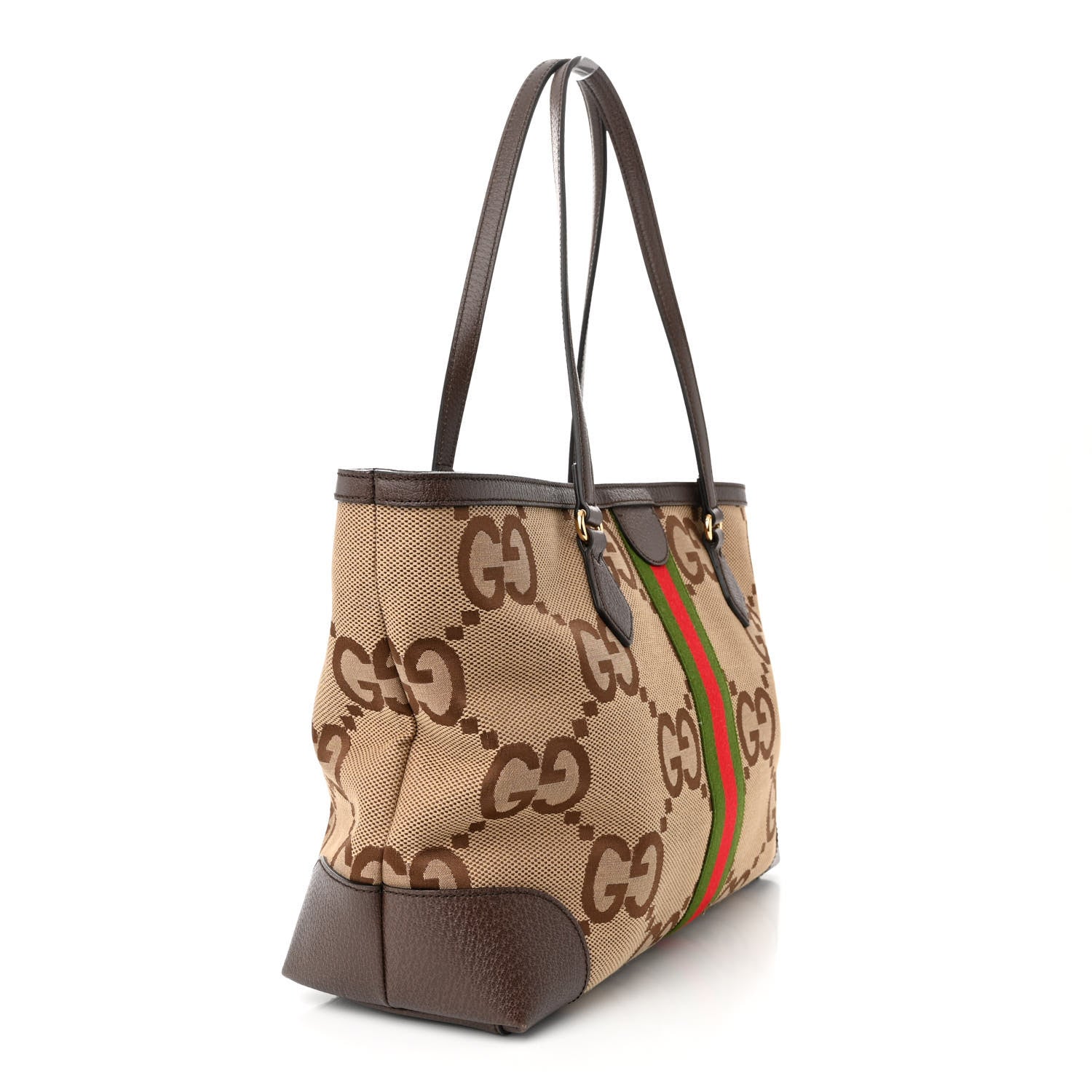 Gucci Monogram Jumbo GG Textured Dollar Calfskin Web Medium Ophidia Shopping Tote Camel Ebony 3 of 9